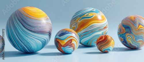 Vibrant multicolored marble spheres of various sizes with intricate swirling patterns and glossy surface against light blue background