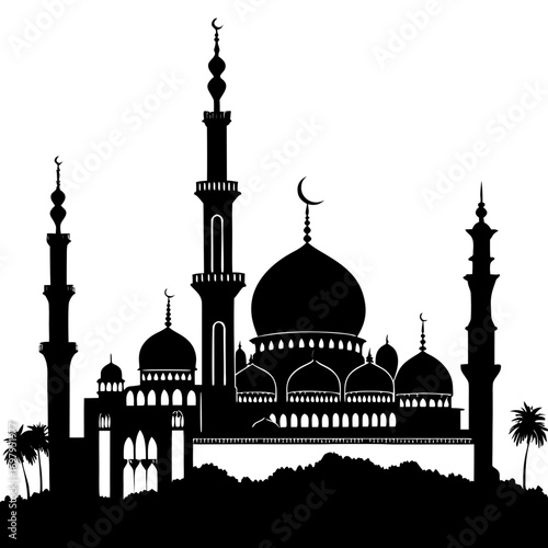 Silhouette of a grand islamic mosque with multiple domes and tall minarets against a white background