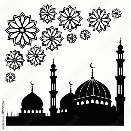 Silhouette of a mosque with domes and minarets adorned with islamic geometric floral patterns against a white background
