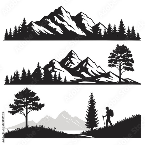 Vector silhouette landscapes featuring majestic mountains pine forests and a solitary hiker on a grassy hill