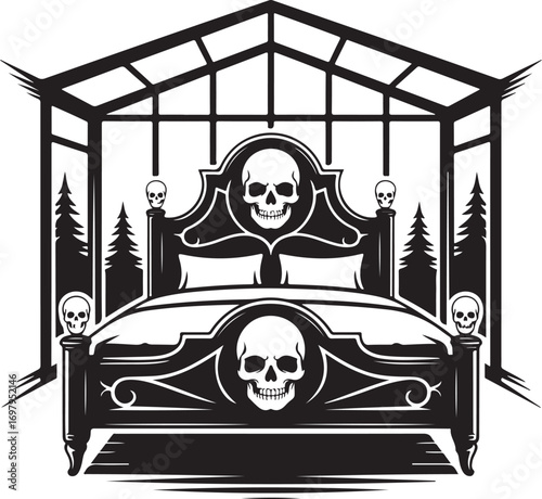 Four-poster bed with skulls and spooky trees inside a frame canopy bed