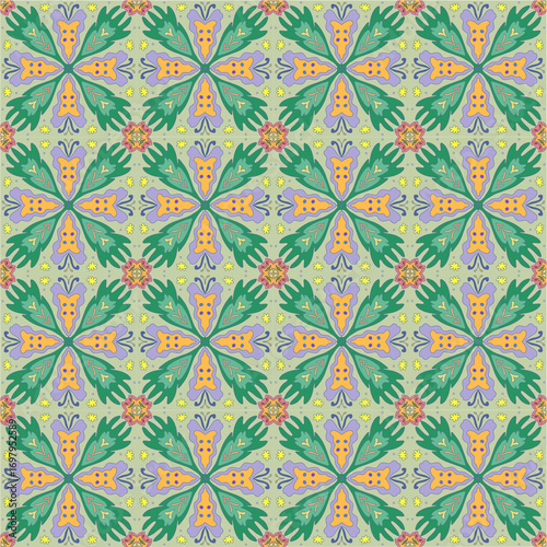 Colourful fabric pattern of purple butterfly and green leave