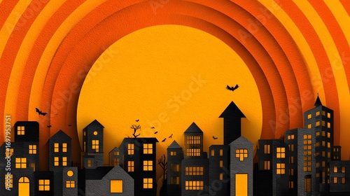 Detailed 3D Cartoon Downtown Cityscape with Retro Halloween Vibes and a Vibrant Sunburst Silhouette