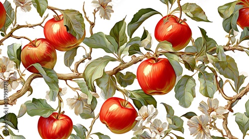 Intricate Repeating Motif of Glossy Apples and Lush Foliage on a Crisp White Canvas