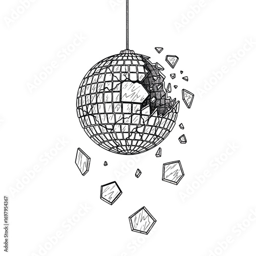 A black and white sketch illustration of a broken disco ball shattering with falling mirror fragments.