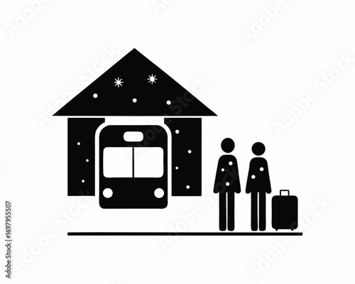 Snow-covered train station with glowing lights, people waiting with luggage, winter travel vector illustration