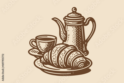 Coffee pot cup croissant engraving vintage vector illustration