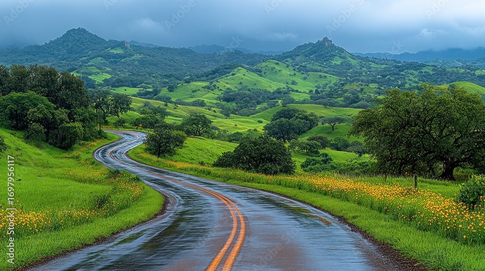 Fototapeta premium Winding road through lush green valley, rain