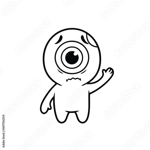 A cute and sad oneeyed cyclops monster character waving its hand in a simple line art style.