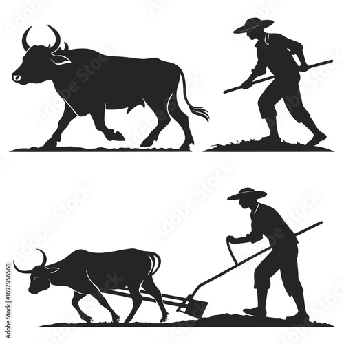 Silhouette illustration of a farmer plowing a field with an ox, showcasing traditional agricultural practices and the symbiotic relationship between humans and animals