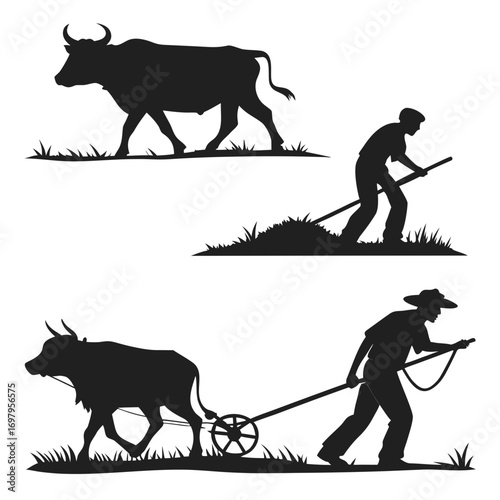 Silhouette illustration of farmers plowing fields with oxen perfect for agriculture, farming, and rural themes traditional farming methods