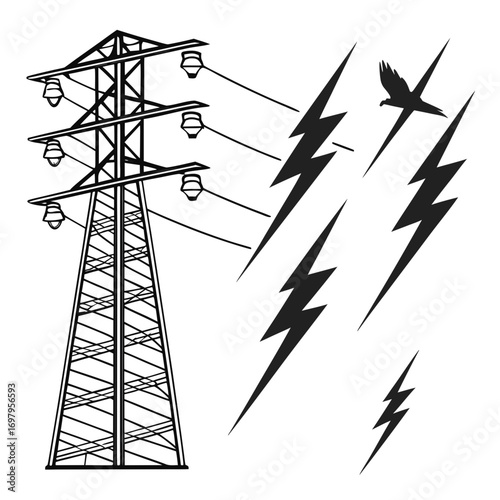 A towering electrical structure stands alongside dynamic lightning bolts and a soaring bird, , blending nature and technology in a captivating scene