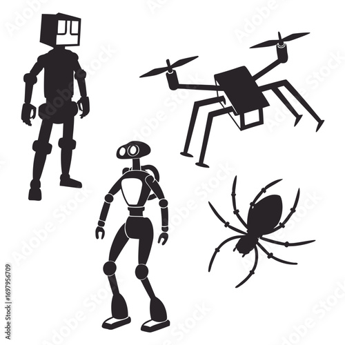 A futuristic collection featuring a boxheaded robot, a spiderlike drone, a humanoid robot with a backpack, and a spider