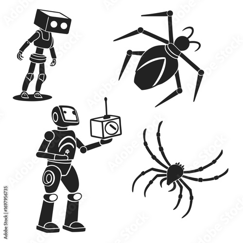 Illustration featuring a robot holding a remote control, another robot with a square head, and two spiders, all, creating a whimsical and contrasting scene