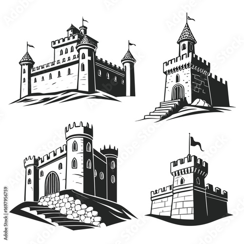 Illustration showcasing four different castles, each with unique architectural designs, , presenting a variety of historical and fantasy fortresses