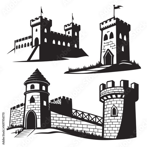 A collection of four different castle illustrations, each showcasing unique architectural designs and features, these castles evoke a sense of history and fantasy