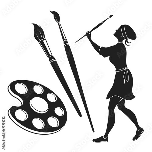A striking silhouette illustration captures the essence of artistic expression, a female artist stands poised with a brush, accompanied by a palette and brushes, symbolizing creativity and passion