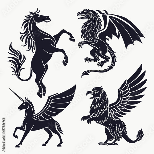A collection of mythical creatures in vector format, including a rearing horse, a griffin with wings, and a winged unicorn perfect for fantasy themed designs