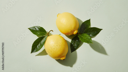 Two vibrant lemons with attached green leaves on a solid pastel green background, bright and minimal.