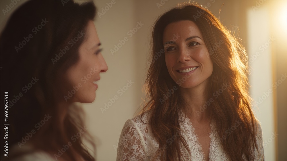 Fototapeta premium Sun-kissed Caucasian women share a knowing glance, celebrating International Day of Friendship with a hint of nostalgia