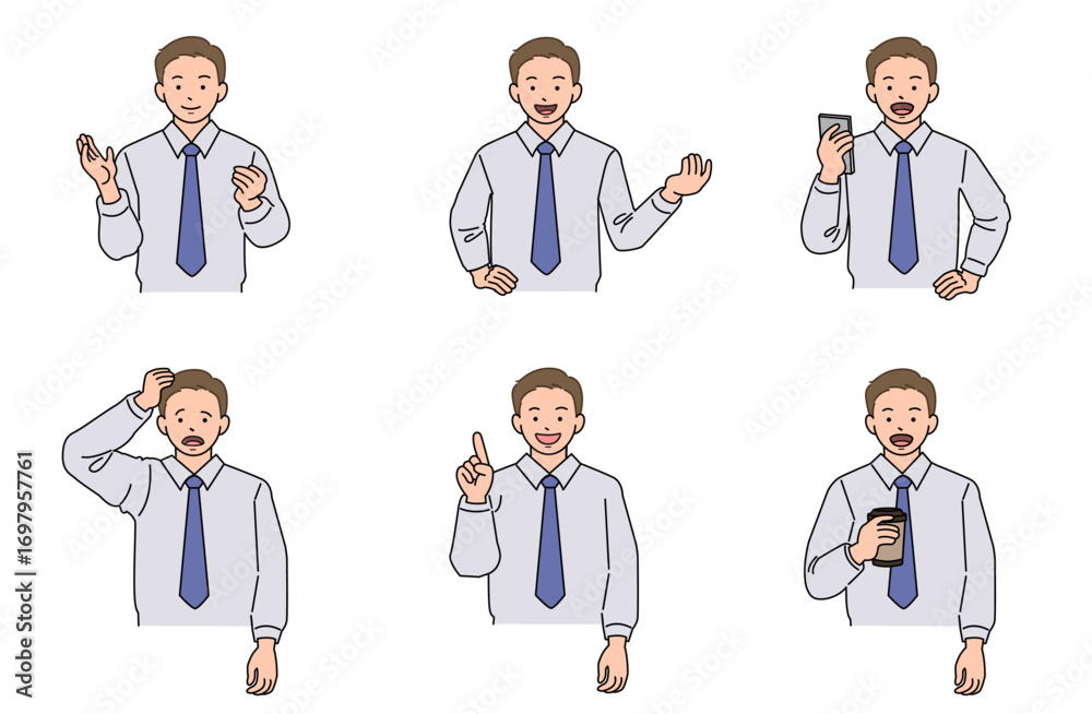 Young man in dress shirt upper body gesture set Young man in dress shirt upper body gesture set