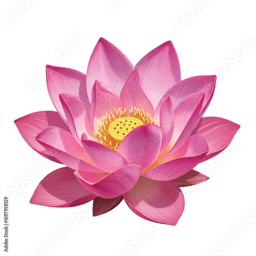 A beautiful realistic pink lotus flower blossom is elegantly presented as a detailed 2D vector illustration on a clean white background, exuding serenity.