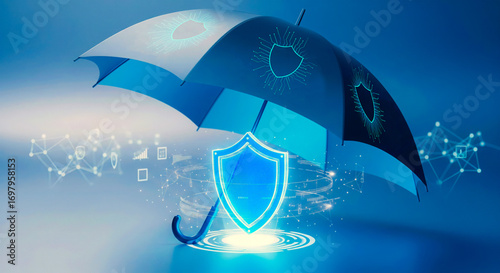 Cybersecurity and insurance concept with 3D umbrella protecting a glowing shield icon, representing data protection, risk management, and digital life protection