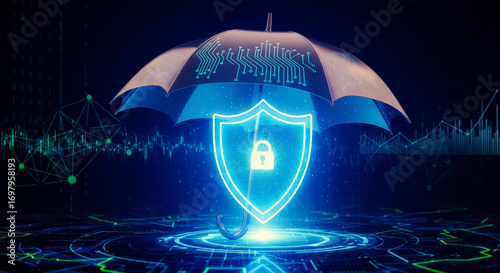 Cybersecurity and insurance concept with 3D umbrella protecting a glowing shield icon, representing data protection, risk management, and digital life protection