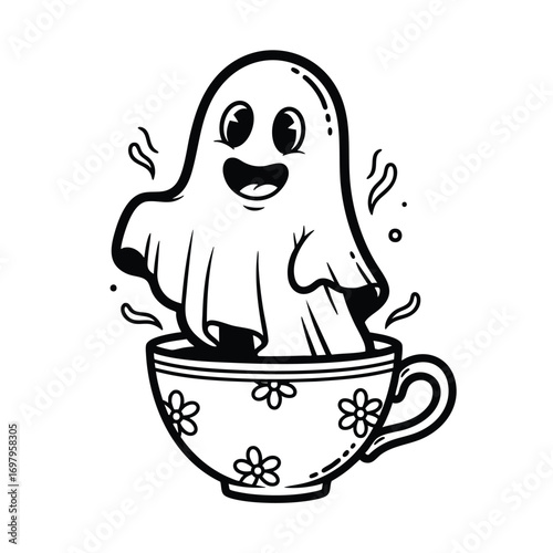 A cute cartoon ghost with a happy smile emerging from a floral patterned teacup.