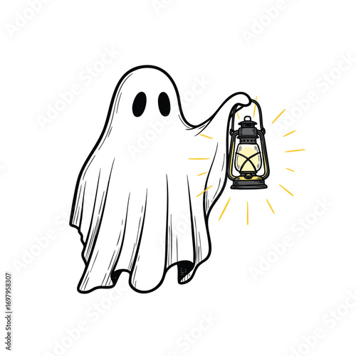 A cute cartoon ghost character holding a glowing vintage lantern.