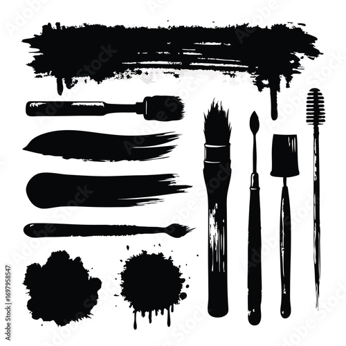 A collection of black grunge-style brush strokes, ink splatters, and various makeup applicator silhouettes on a white background.