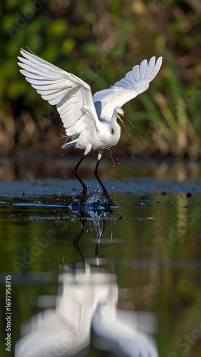 Heron in flight, splashing water