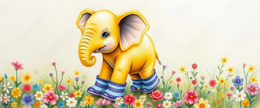 Naklejka premium Adorable yellow elephant in striped boots standing in a flower meadow, playful watercolor style illustration for kids.