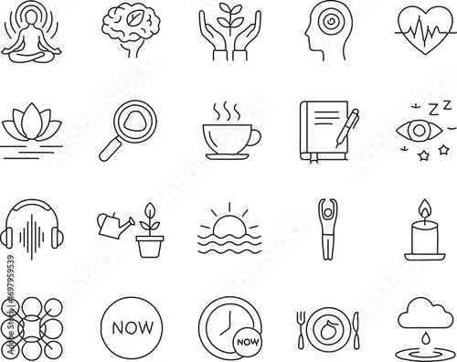 An artistic array of mindfulness and well-being icons, offering a visual guide to meditation, nature, relaxation, and a balanced life.
