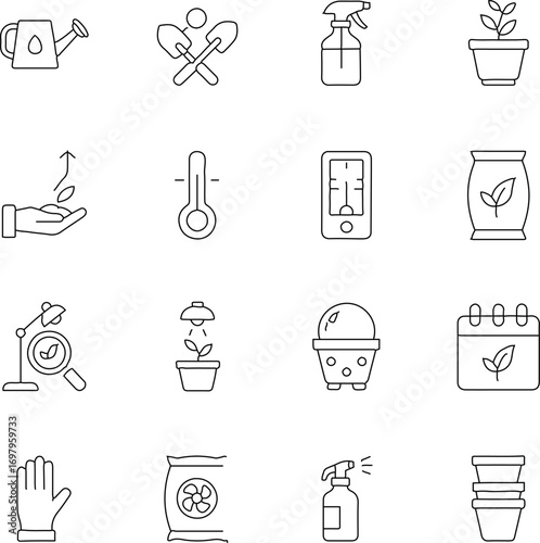 A curated collection of gardening equipment and supplies, illustrated in a clean, line art style, offering a visual guide for plant care.