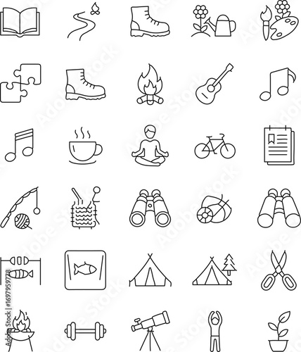 A comprehensive collection of neatly arranged icons, representing the essence of a well-rounded, balanced lifestyle and diverse recreational activities.