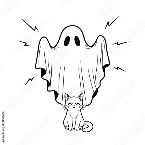 A funny cartoon ghost trying to scare a grumpy unimpressed cat in a black and white line art illustration.