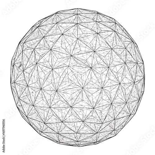 A detailed 3D wireframe model of a geometric sphere composed of interconnected triangles.