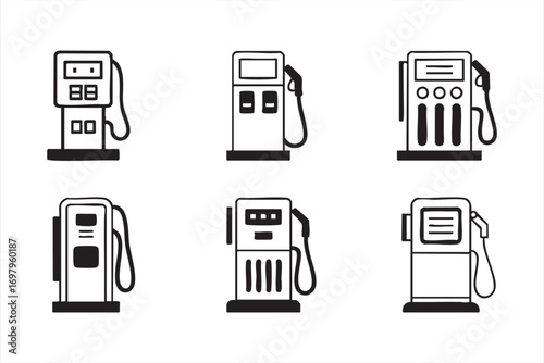 Vector Gas Pump Icons Set with Fuel Dispenser and Petrol Station Symbols