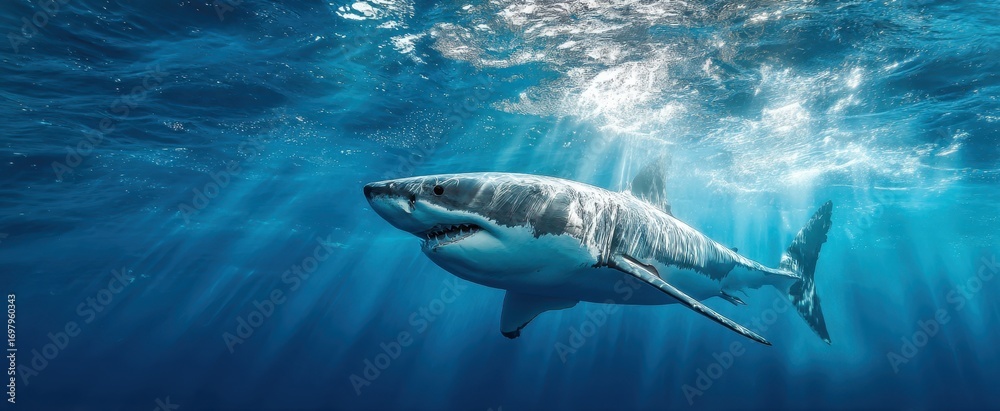 Fototapeta premium The great white shark swimming gracefully beneath sunlit waves in deep blue ocean