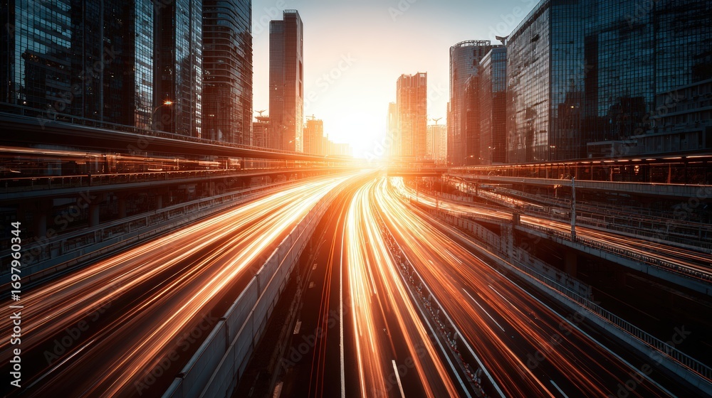 Fototapeta premium Urban cityscape du sunset with illuminated highways and towe skyscrapers creating a vibrant modern metropolis scene