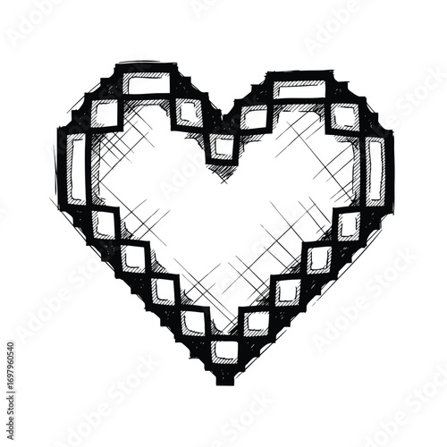 A handdrawn sketch of a pixelated 8bit heart symbol with crosshatch shading.