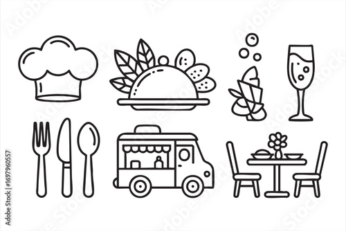 Mobile Food Truck and Dining Table Icons for Hospitality Design