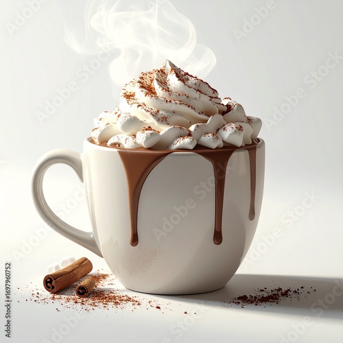 Steaming hot chocolate in a white mug, topped with whipped cream and cocoa powder, with chocolate drips on the cup. Cozy winter drink with cinnamon sticks on the side.