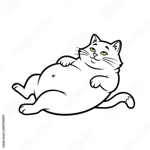 A funny fat cartoon cat with a big belly lying on its back in a relaxed lazy pose.