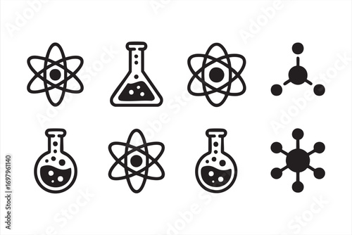 Science Icons Vector Set with Atom and Laboratory Flask Symbols