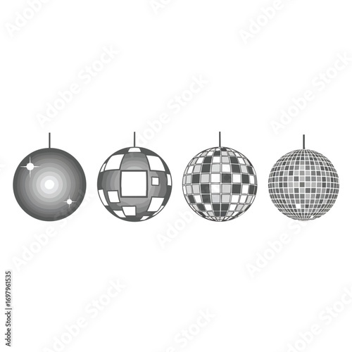 A set of four grayscale disco balls with varying mirror tile patterns on a white background.