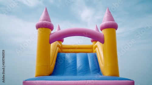 Colorful inflatable castle under whimsical skies, perfect for childrens day celebrations, fantasy escapades, and vibrant joy fests