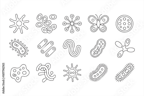 Bacteria and virus line icons set for microbiology research