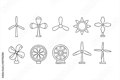 Line art wind turbines and fans isolated vector illustration
